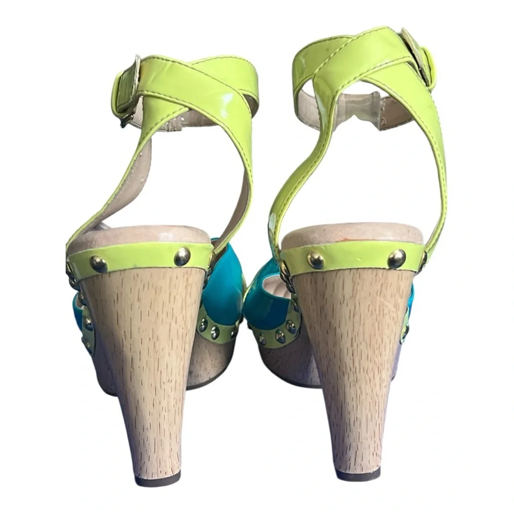ISOLA Madalen Platform Sandal Heel Sz 9.5 Wood Grain Yellow Aqua Gold Ankle Open